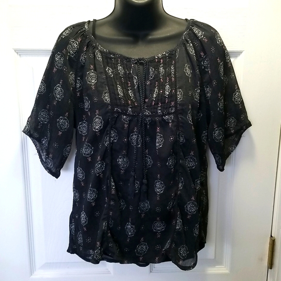 "Mudd" Size M Dark Navy Sheer Boho Top - Picture 3 of 12